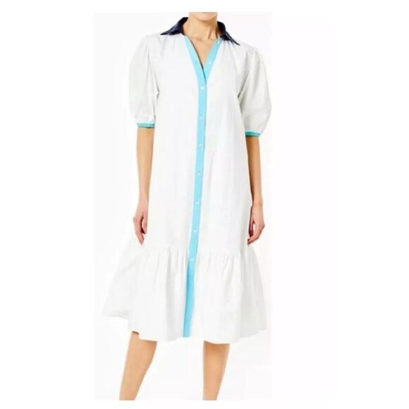 ADDISON BAY ISLE DRESS 100% Poplin Cotton White Blue Pipping Drop Waist Midi Sma